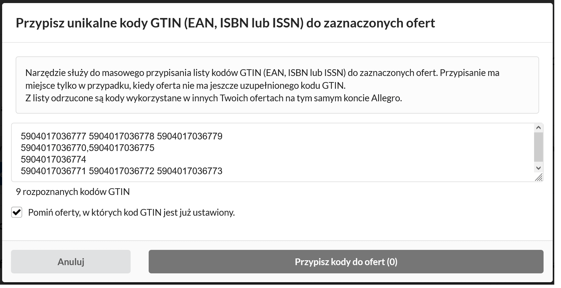 Dodawanie kodu GTIN (EAN, ISBS, ISSN) do ofert Allegro