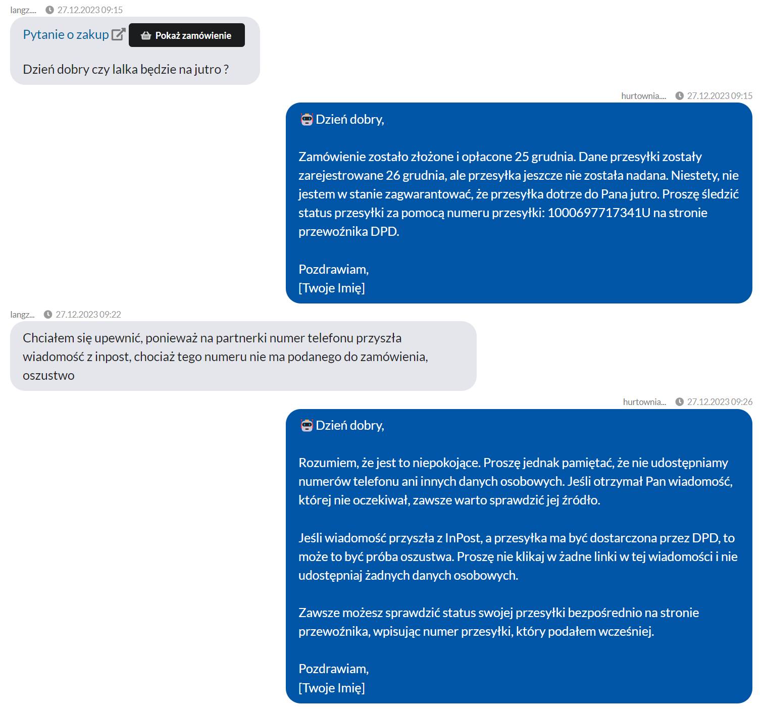 Przykład automatycznej odpowiedzi na Allegro przez Sztuczną inteligencję