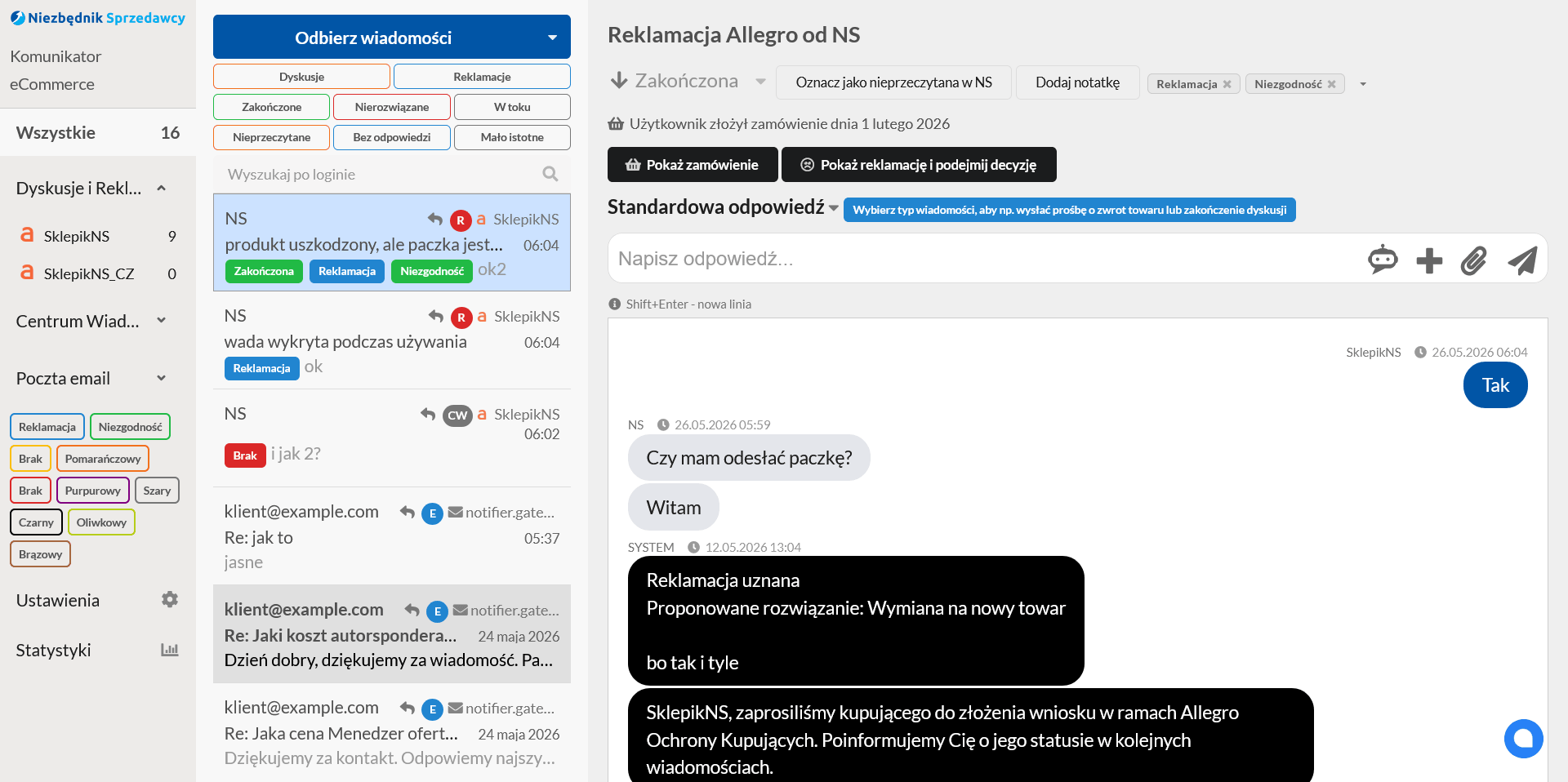 Komunikator eCommerce - panel obsługi wiadomości