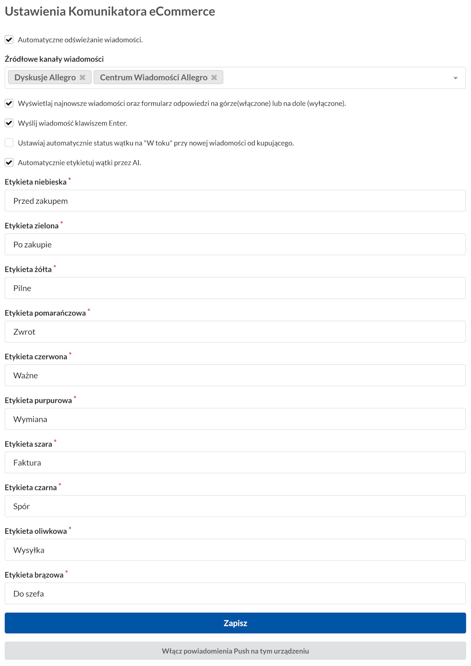 Ustawienia Komunikatora eCommerce