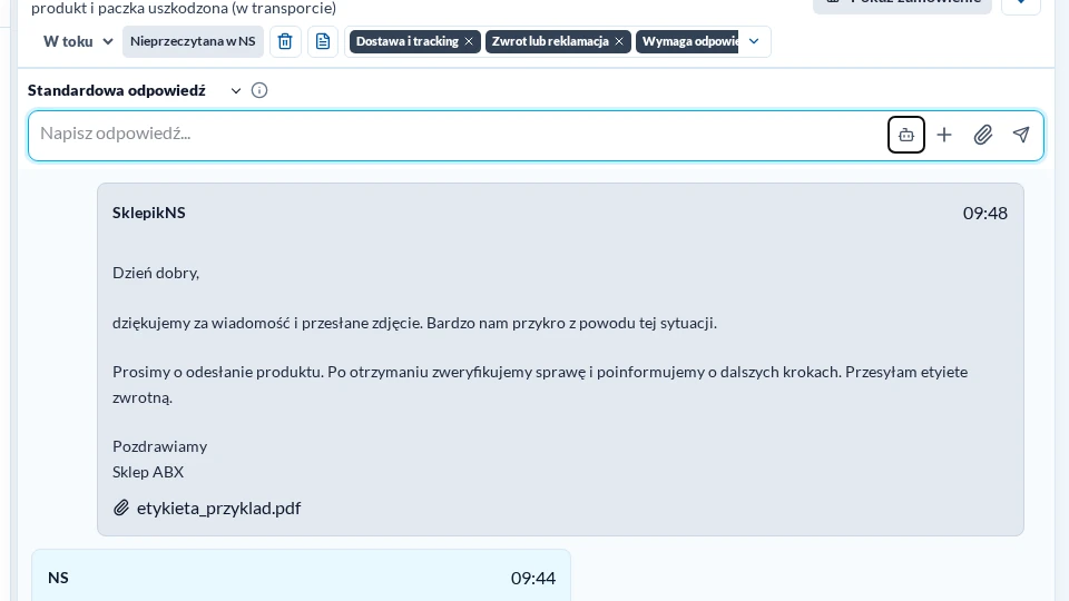 Reply field in the new eCommerce Communicator with the GPT button highlighted in light mode