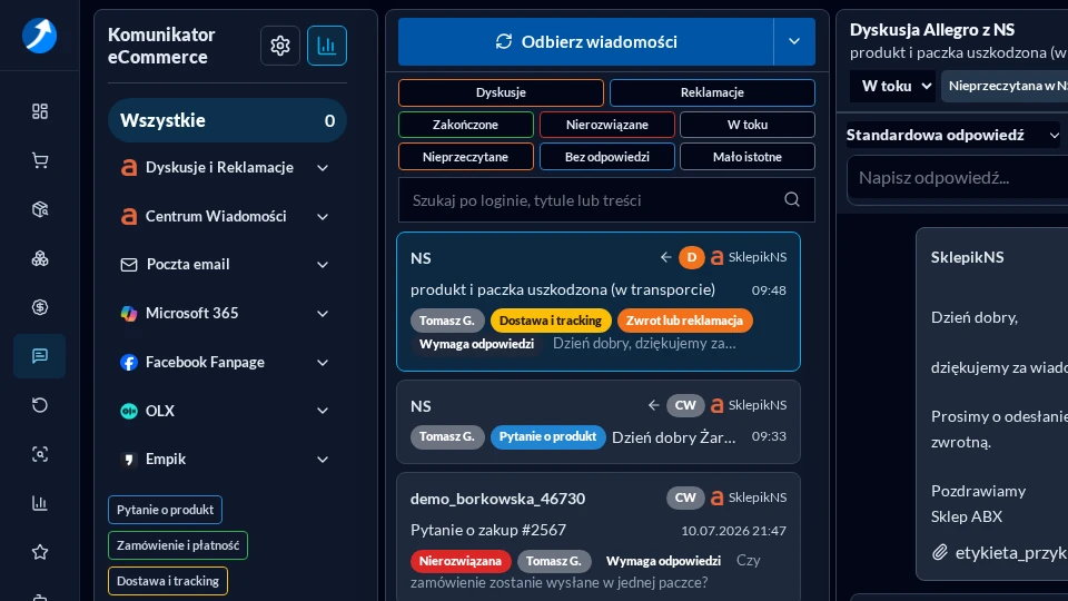 New eCommerce Communicator with channel and message list in dark mode