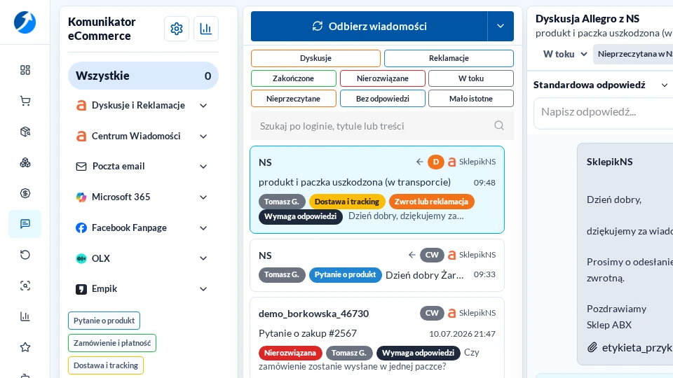 New eCommerce Communicator with channel and message list in light mode
