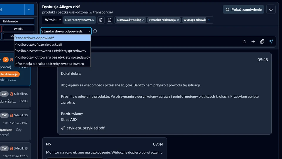 Allegro Discussion reply types in the new eCommerce Communicator in dark mode