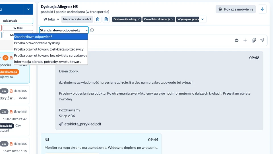 Allegro Discussion reply types in the new eCommerce Communicator in light mode