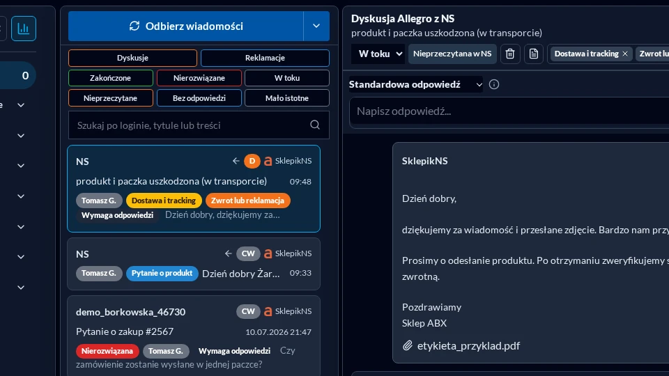 Filters, search and labels in the new eCommerce Communicator in dark mode
