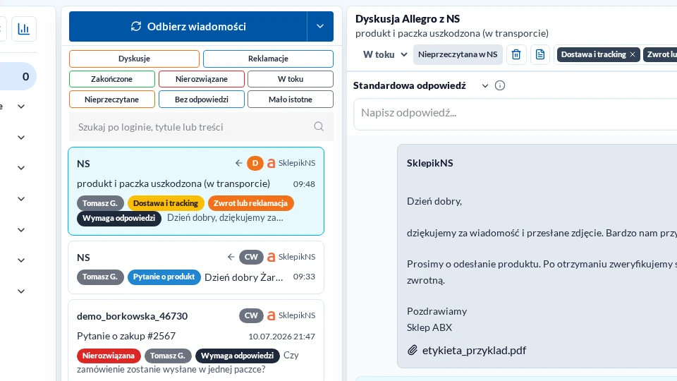 Filters, search and labels in the new eCommerce Communicator in light mode