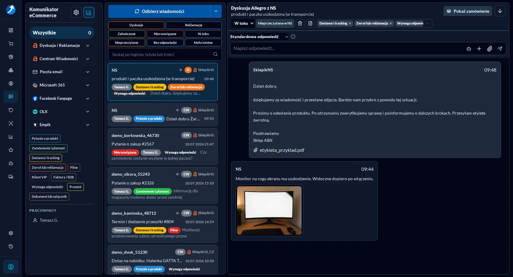 eCommerce Communicator in dark mode with an open Allegro Discussion