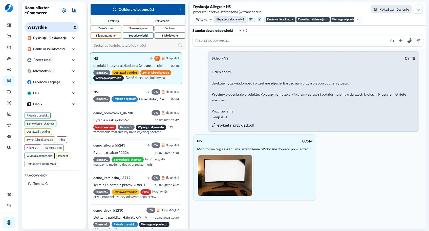 eCommerce Communicator in light mode with an open Allegro Discussion