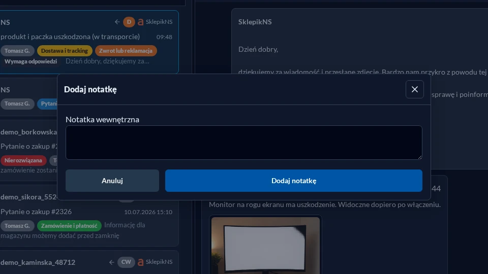 Blank internal note form in the new eCommerce Communicator in dark mode