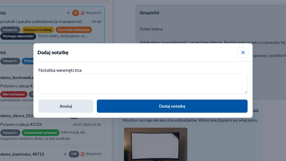 Blank internal note form in the new eCommerce Communicator in light mode