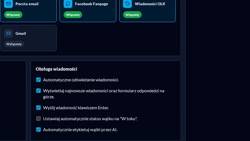 Channels and message-handling settings in the new eCommerce Communicator in dark mode