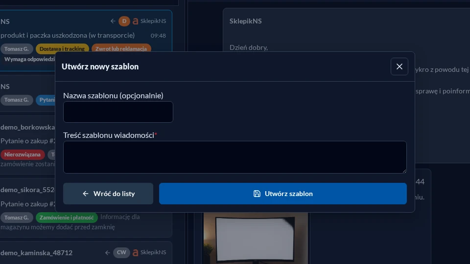 Blank template creation form in the new eCommerce Communicator in dark mode