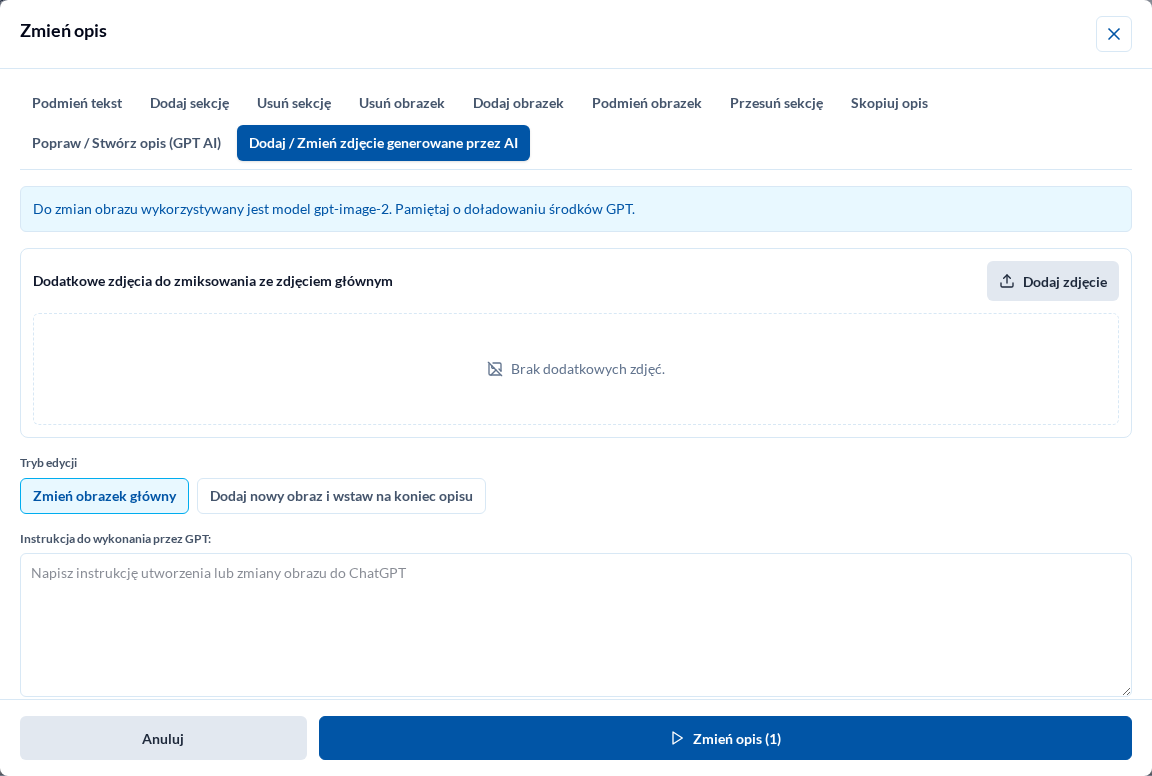 Zmiana obrazu oferty z użyciem modelu obrazowego