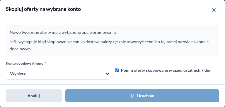 Kopiowanie ofert na wybrane konto