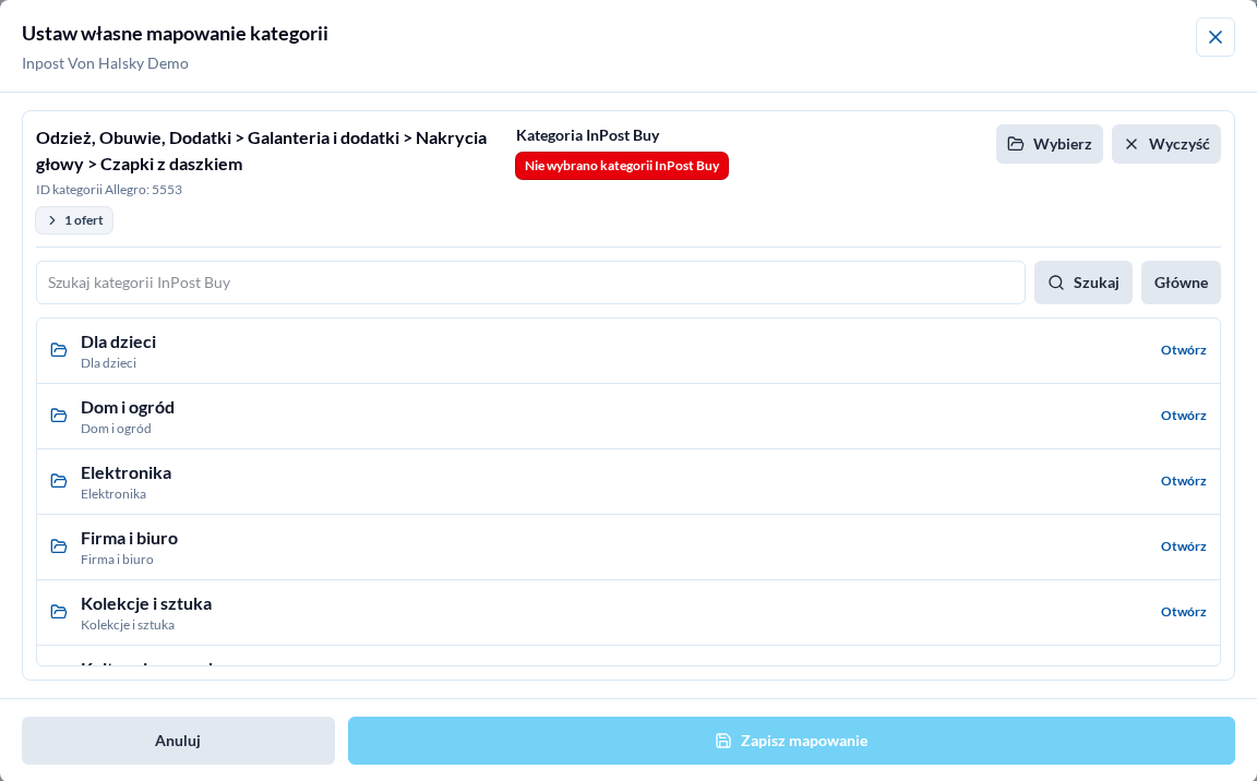 Mapowanie kategorii Allegro na kategorie InPost Buy