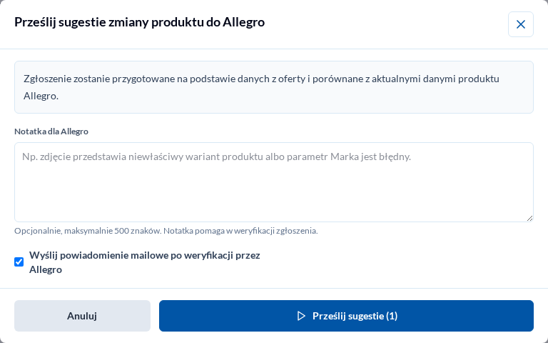 Sugestia zmiany produktu