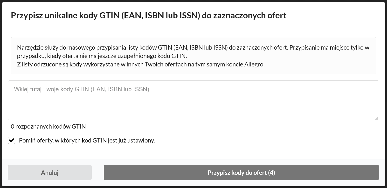 Masowe przypisanie kodów GTIN (EAN, ISBN, ISSN) do ofert Allegro