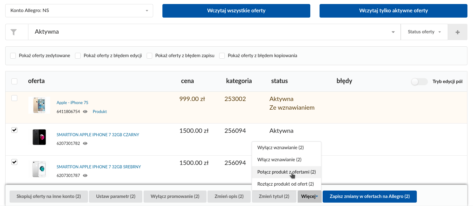 Widok Menedżera Ofert Allegro