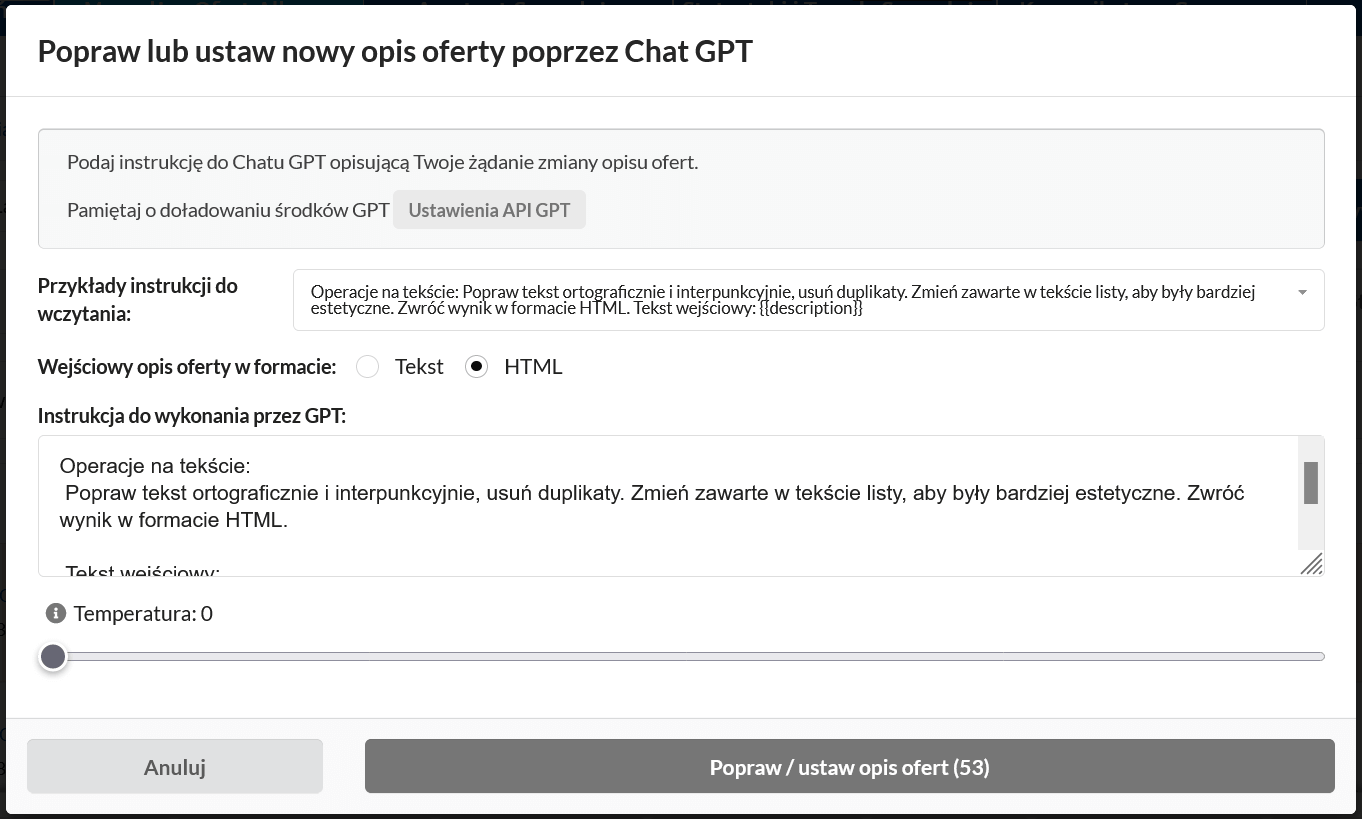 Poprawa opisów ofert Allegro przez Chat GPT