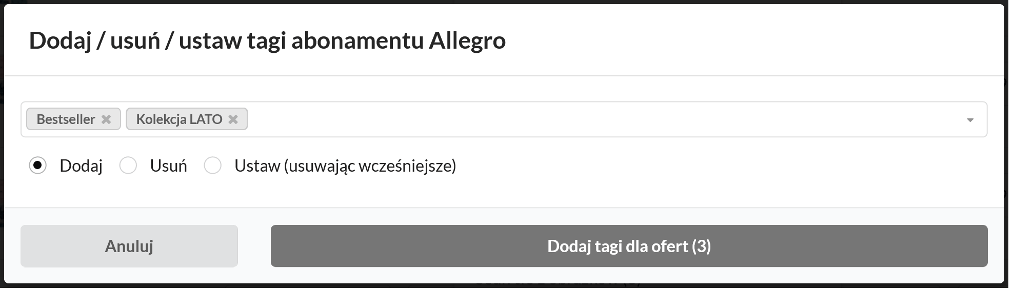 Masowe przypisanie, dodanie lub usunięcie tagów ofert Allegro