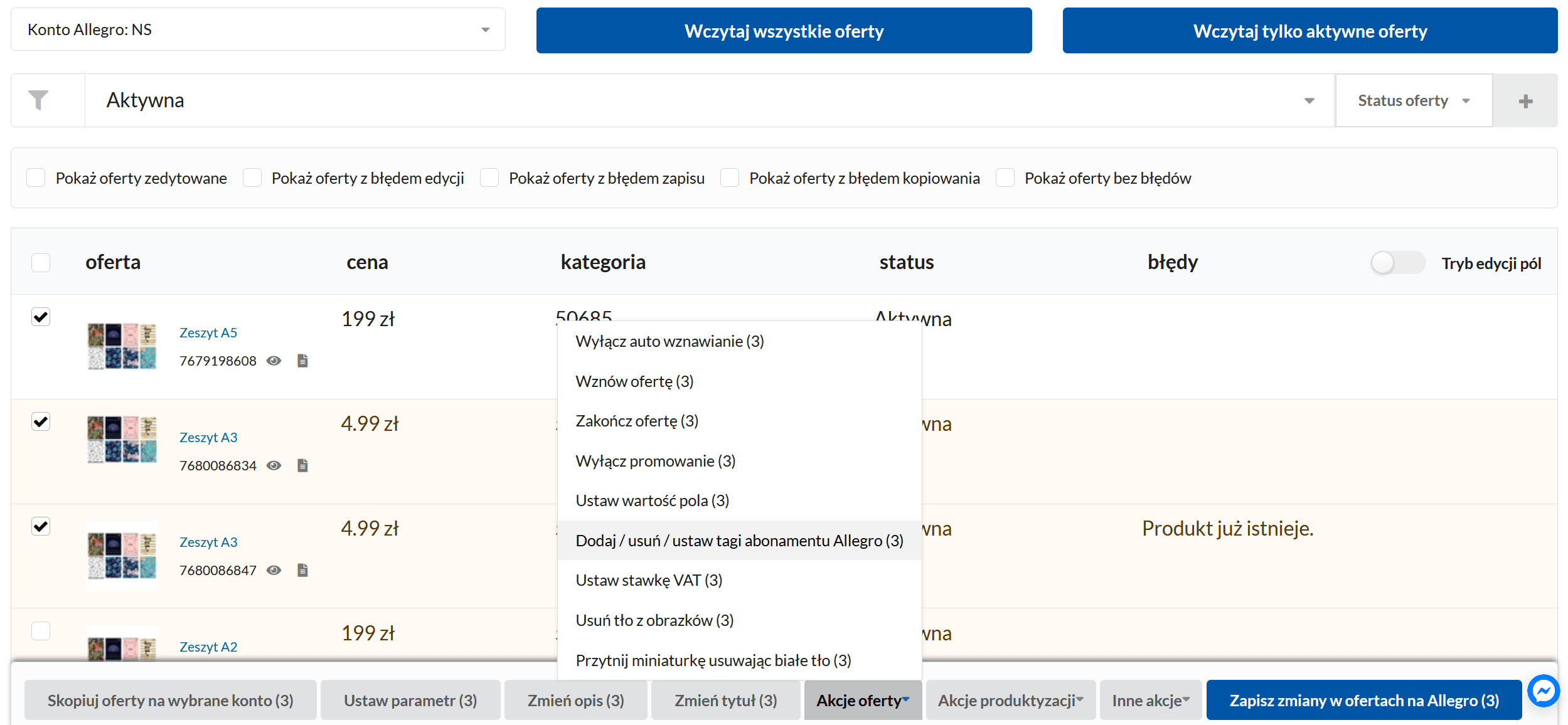 Widok Menedżera Ofert Allegro