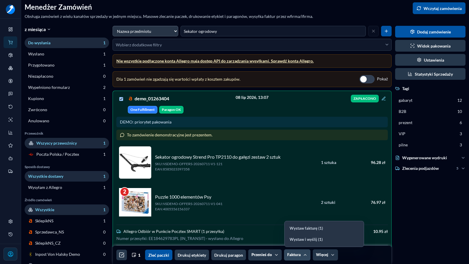 Open invoice menu on the bulk actions bar in dark theme
