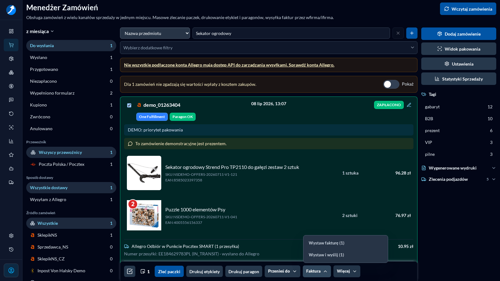 Otwarte menu faktur na pasku działań masowych w ciemnym motywie