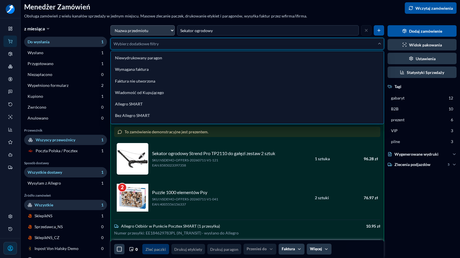 Pełny panel zamówień w ciemnym motywie