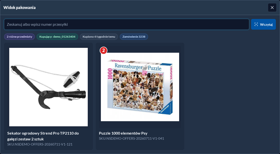 Packing view with searched products in dark theme