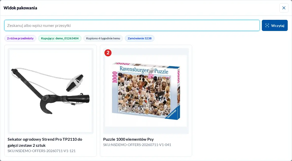Widok pakowania z wyszukanymi produktami w jasnym motywie