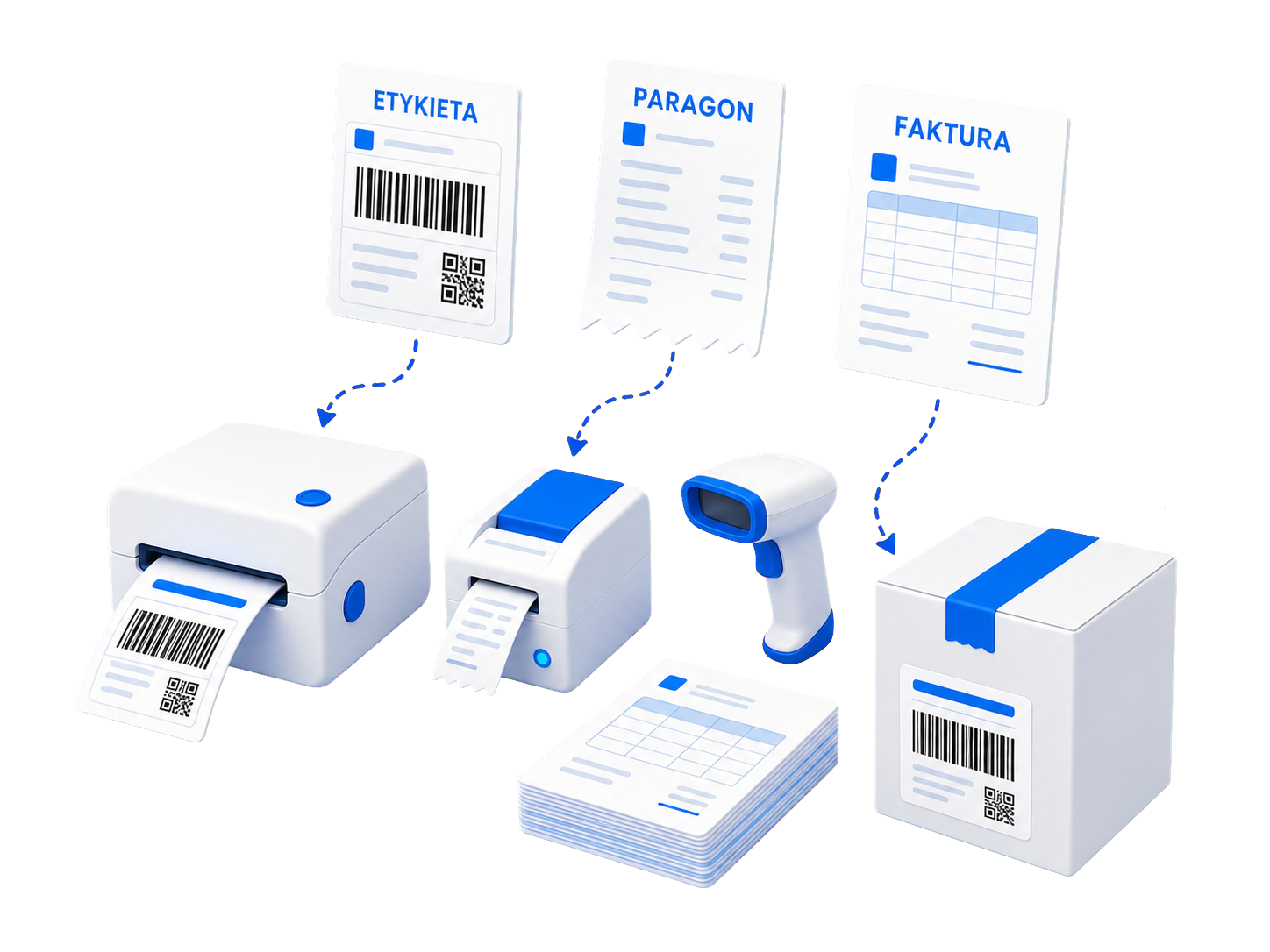 Label, receipt, and invoice above printers, a scanner, and a ready-to-ship package
