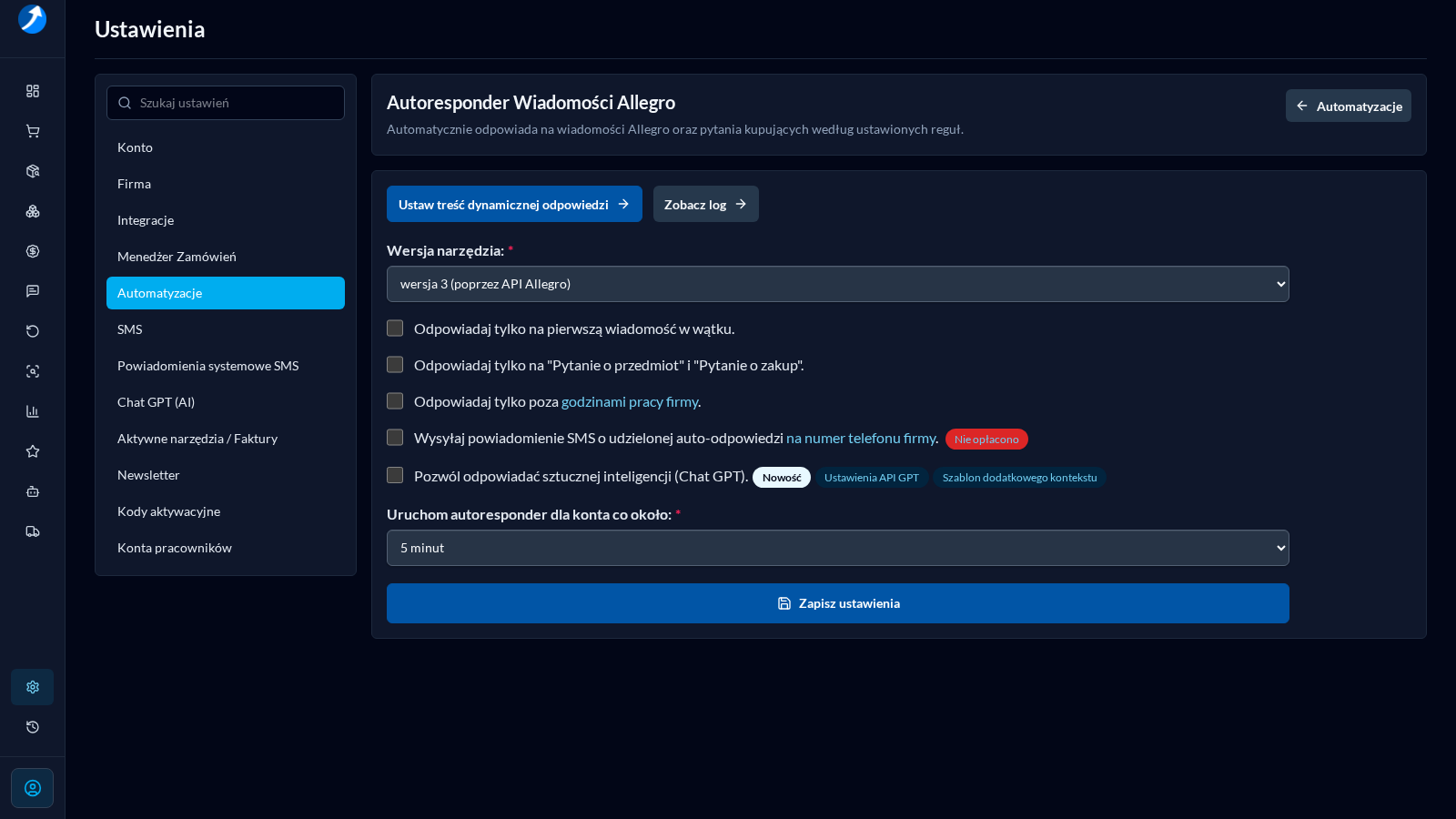 Ustawienia Autorespondera Wiadomości Allegro w ciemnym motywie