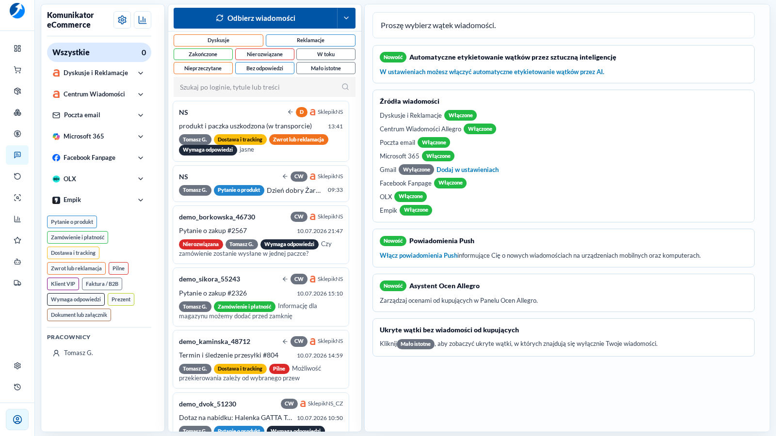 Komunikator eCommerce w jasnym motywie