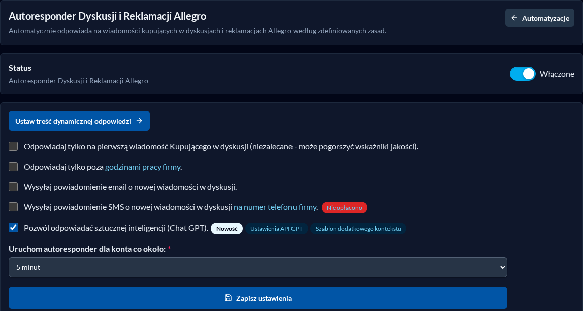 Ustawienia Autorespondera Dyskusji i Reklamacji Allegro w ciemnym motywie