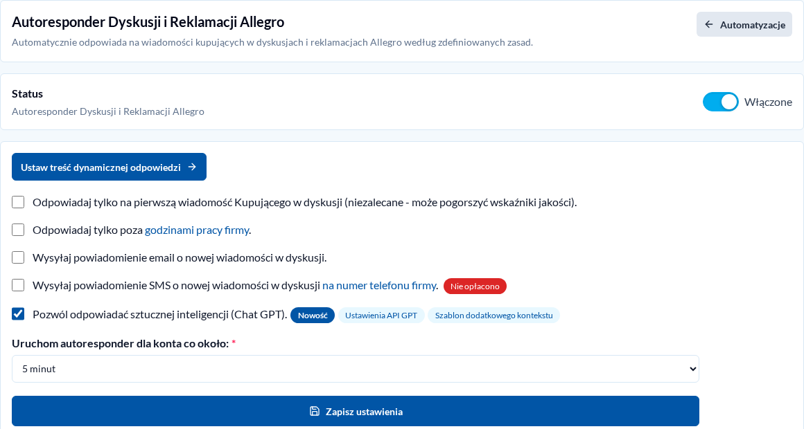 Ustawienia Autorespondera Dyskusji i Reklamacji Allegro w jasnym motywie