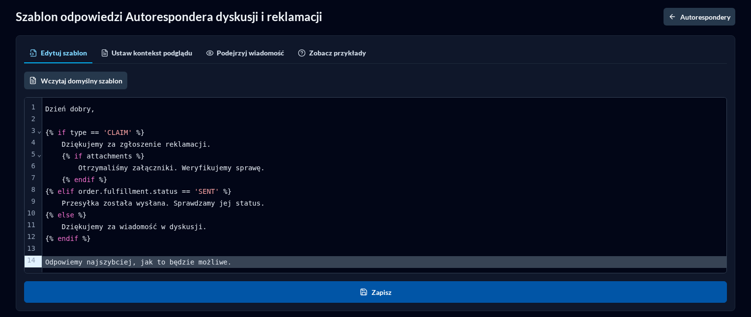 Edytor dynamicznego szablonu Autorespondera Dyskusji i Reklamacji w ciemnym motywie