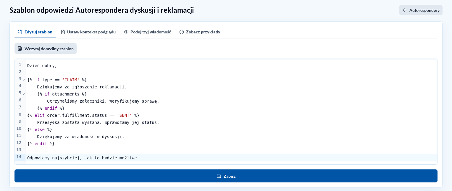Edytor dynamicznego szablonu Autorespondera Dyskusji i Reklamacji w jasnym motywie