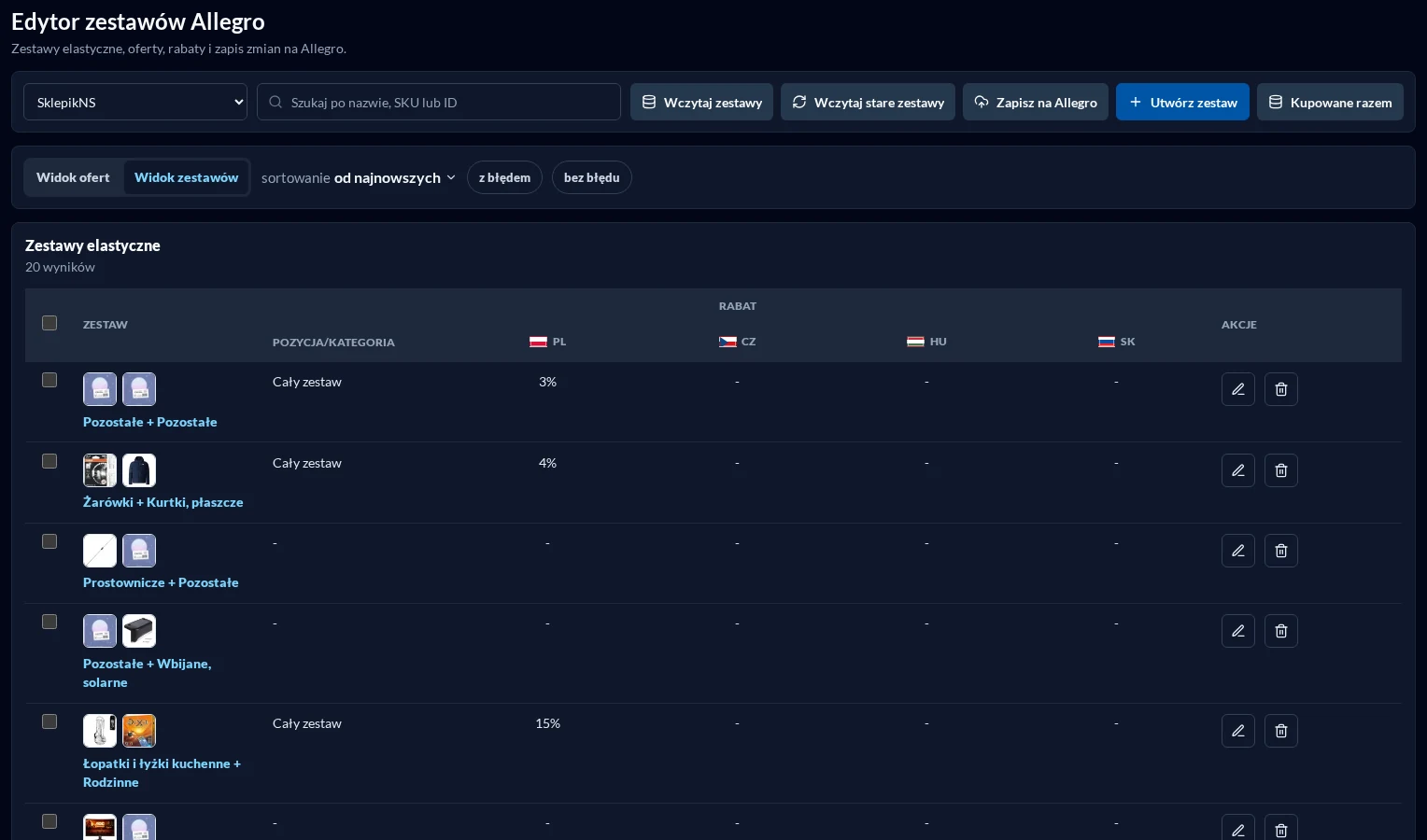 Sets view with discounts for different markets in a dark theme