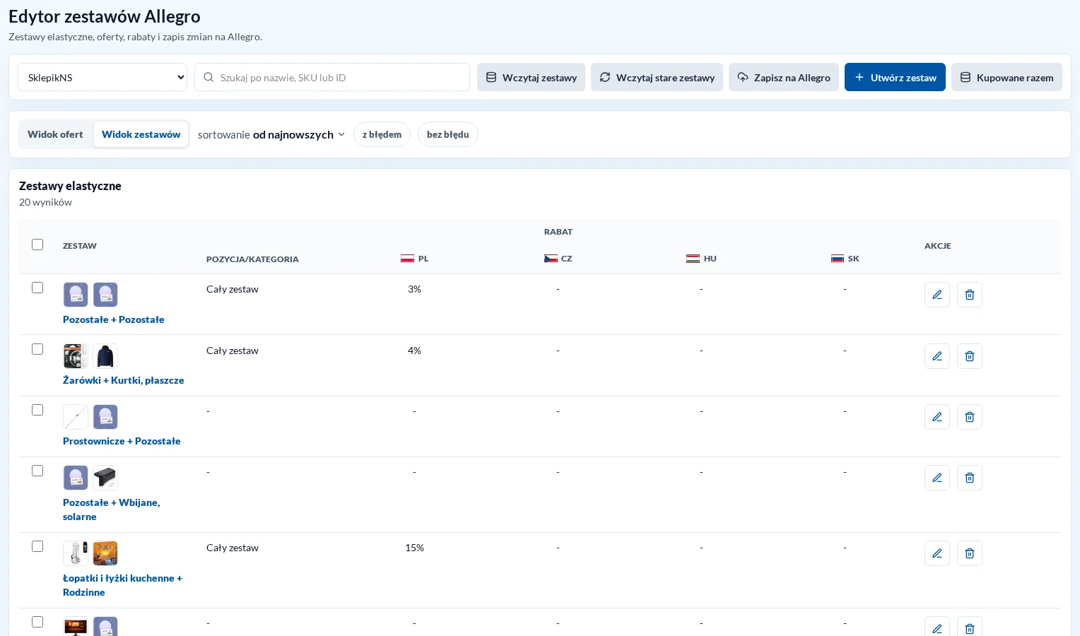 Sets view with discounts for different markets in a light theme