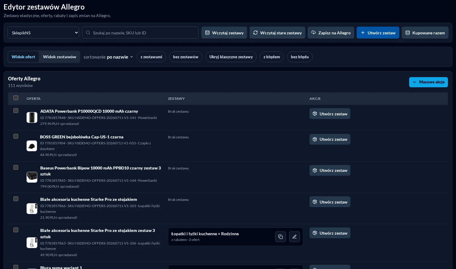 Offer view, filters, and mass actions in a dark theme