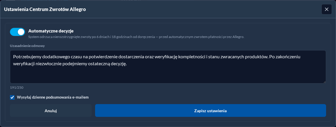 Ustawienia automatycznych decyzji w nowym interfejsie, tryb ciemny