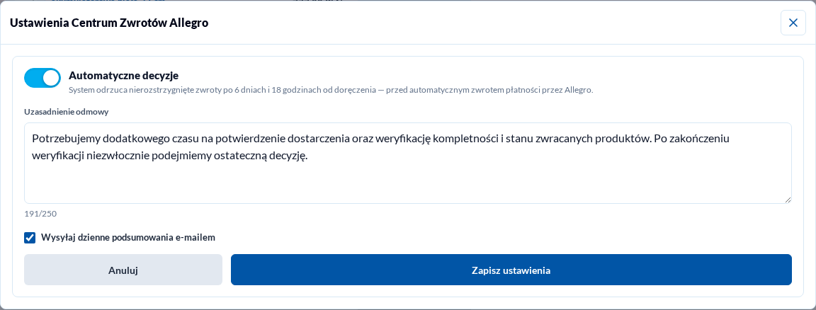 Ustawienia automatycznych decyzji w nowym interfejsie, tryb jasny