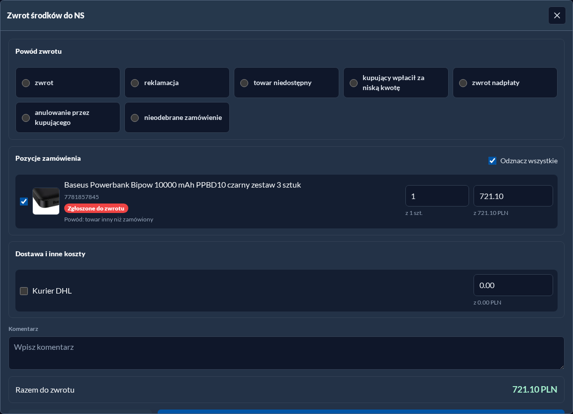 Nowy formularz zwrotu wpłaty z wyborem produktów i kwot, tryb ciemny