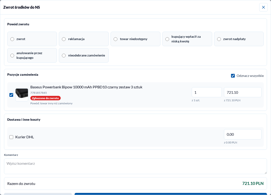 Nowy formularz zwrotu wpłaty z wyborem produktów i kwot, tryb jasny
