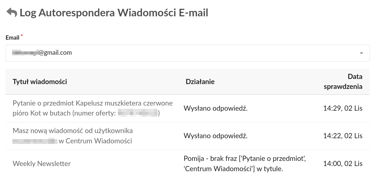 Log Autorespondera Wiadomości Email / Allegro