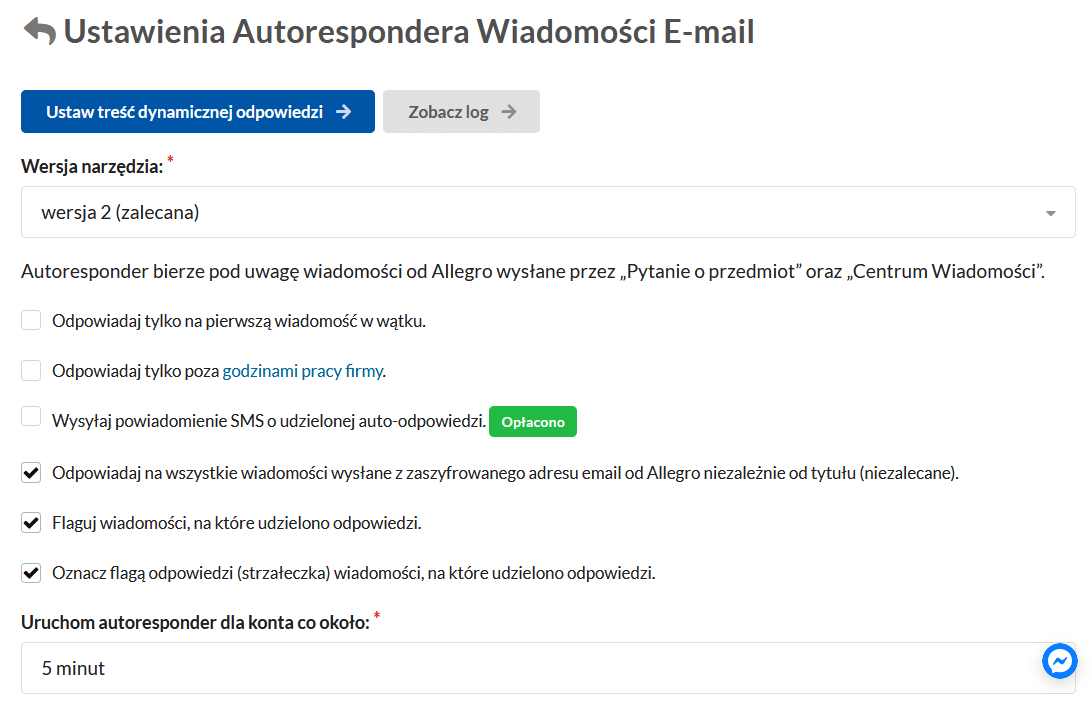 Ustawienia Autorespondera wiadomości email / pytań Allegro