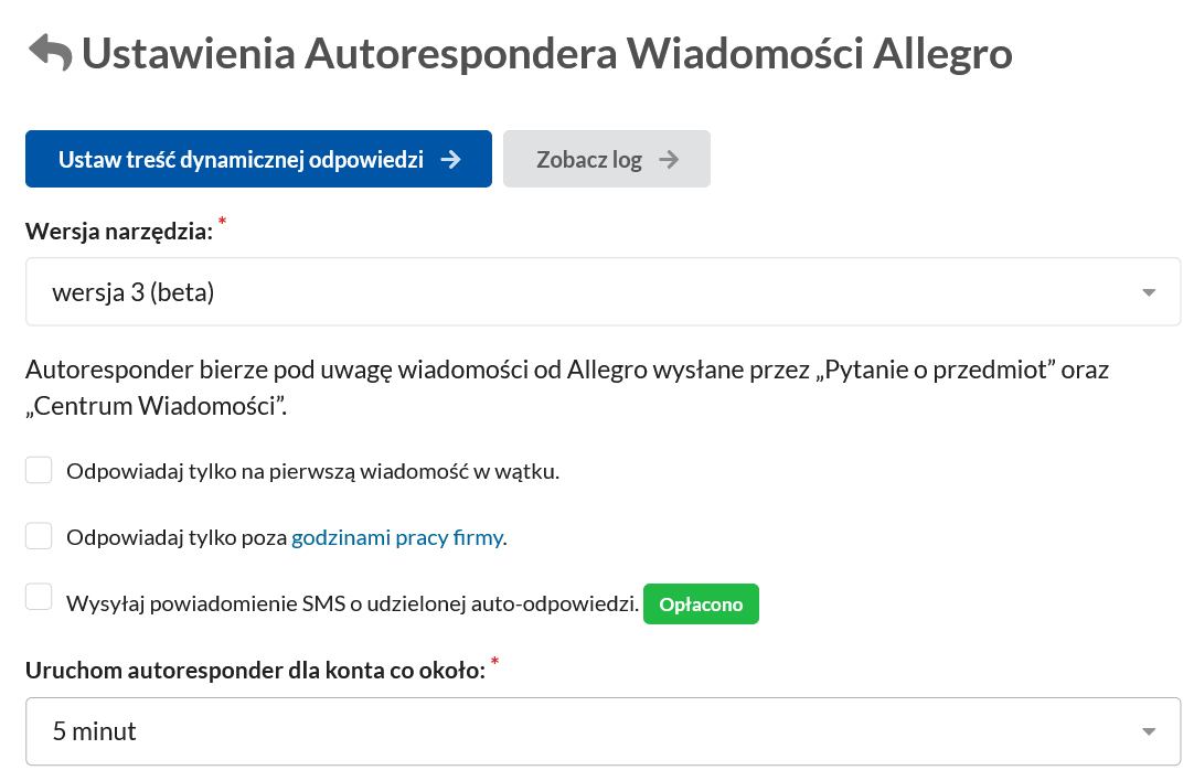 Ustawienia Autorespondera wiadomości Allegro