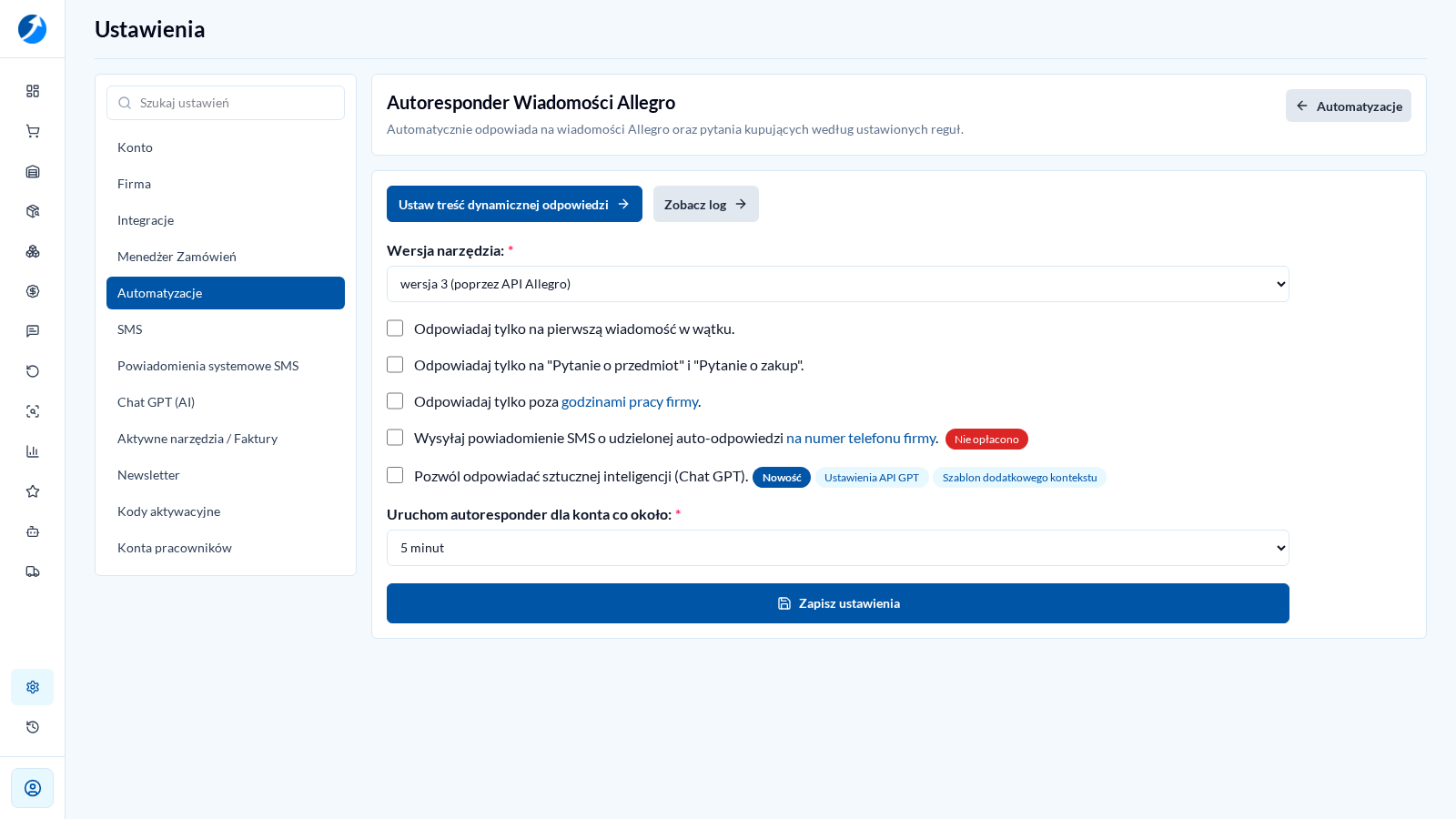 Powiększony zrzut ustawień Autorespondera Wiadomości Allegro