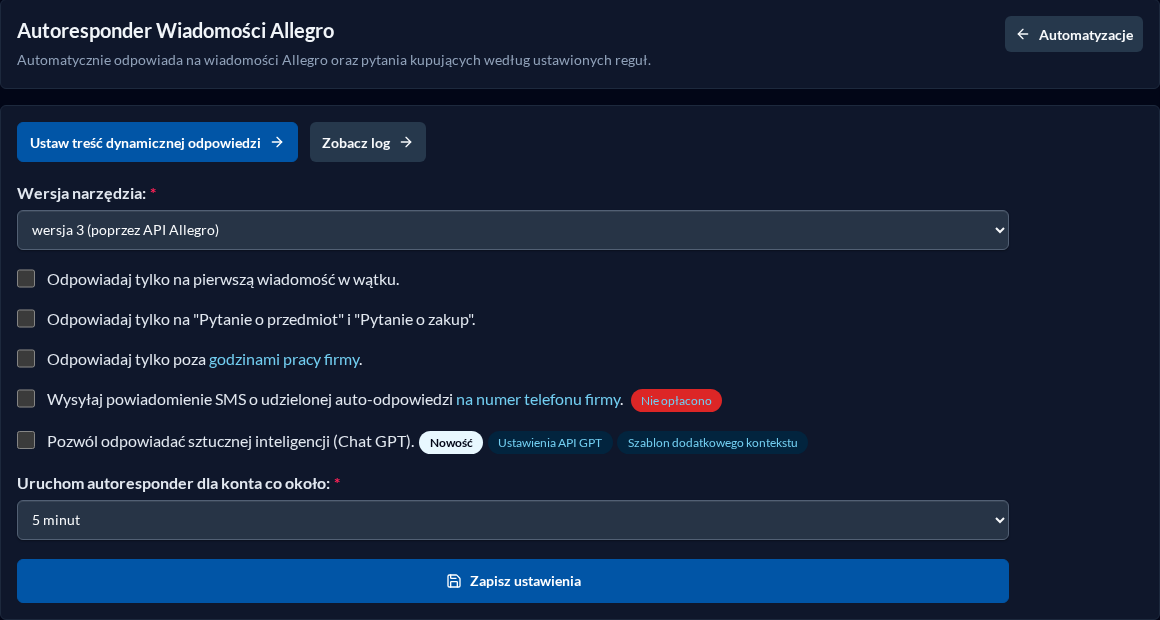 Ustawienia Autorespondera Wiadomości Allegro w ciemnym motywie